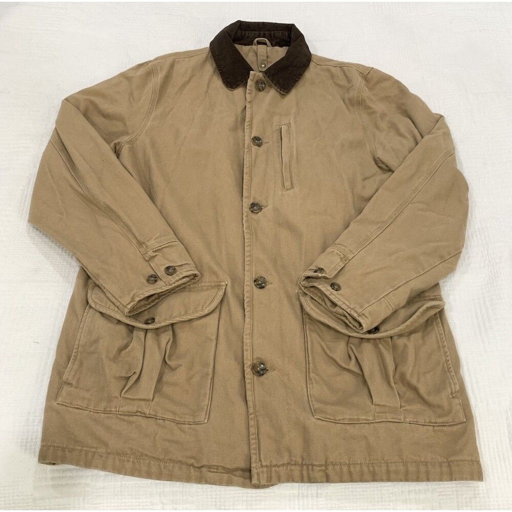 Eddie Bauer Beige Canvas Flannel Lined Barn Chore Jacket Coat  Mens L TALL